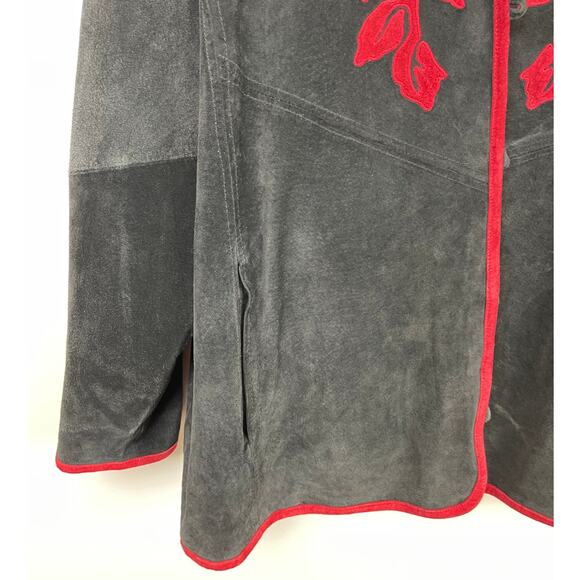 Womens Suede Jacket Black Red Floral Medium Linea by Louis Dell’Olio - Picture 3 of 12